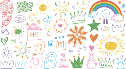 Vector art of colorful childrens drawings with many elements