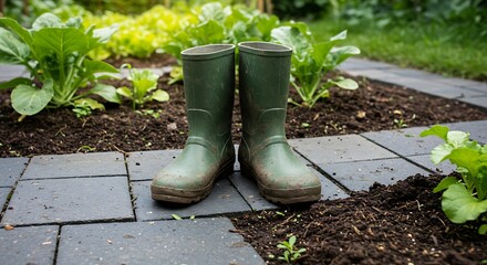 Pair of green rubber boots in a garden bed with freshly planted greens