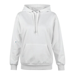 Fototapeta premium White hoodie featuring a drawstring hood, a kangaroo pocket, and ribbed cuffs, photographed against a solid black background.