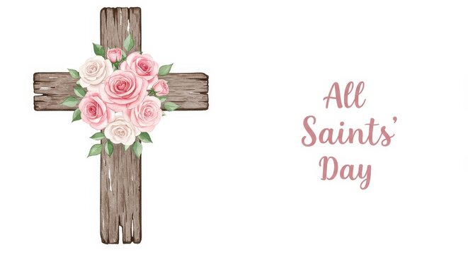 Wooden cross decorated with pink and white roses for all Saints' Day. Christian religious symbol with watercolor flowers for holiday card. - Powered by Adobe