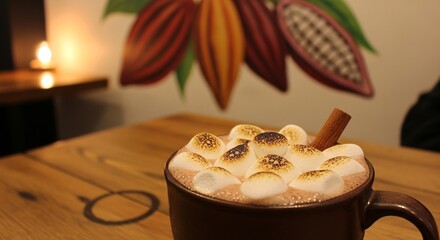 Hot chocolate in a brown mug with toasted marshmallows and a cinnamon stick set on a wooden table against a cocoa bean mural