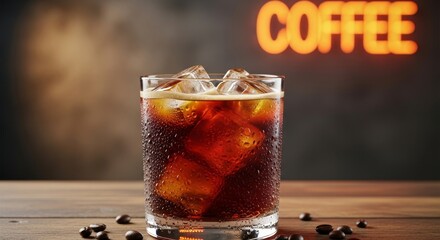 Iced coffee in a glass with coffee beans on a wooden surface set against a dark backdrop with a neon COFFEE sign