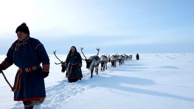 Indigenous nenets herders moving with their domestic reindeer herd across a vast snowy landscape of the yamal peninsula in siberia, showcasing nomadic lifestyle and cultural heritage