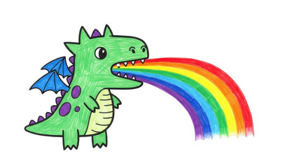 Fototapeta premium Whimsical green dragon joyfully breathes a vibrant rainbow, sparking imagination and wonder for children's stories and fantasy themes.