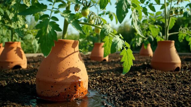Olla irrigation pots slowly releasing water into the soil, providing a sustainable and efficient method for watering young tomato plants in an organic garden bed, conserving water resources