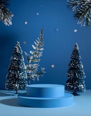 Winter scene with a blue podium