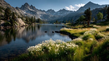 Obraz premium Alpine Lake with Wildflowers and Mountain Range View