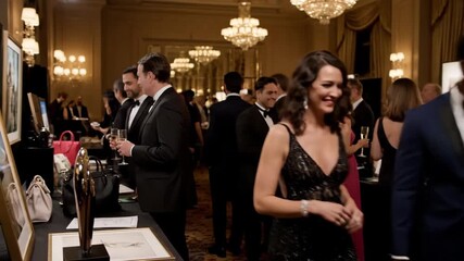 Diverse couple attending an exclusive evening gala, discussing items at a silent auction table while other guests mingle in the luxurious ballroom setting