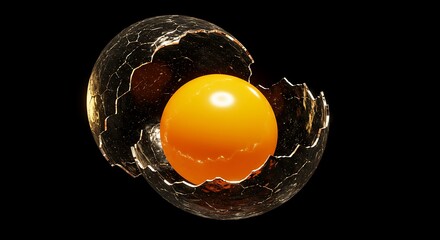 Broken glass eggshell revealing a perfect golden glowing yolk sphere on black luxury concept.