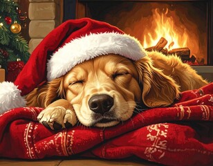 A dog wearing a Santa hat sleeping on a festive blanket next to the fireplace — cute and cozy Christmas pet scene