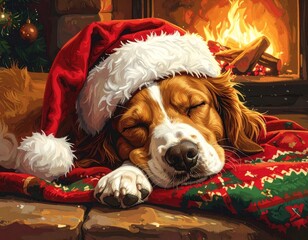 A dog wearing a Santa hat sleeping on a festive blanket next to the fireplace — cute and cozy Christmas pet scene