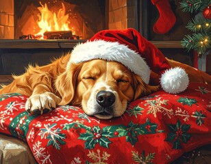 A dog wearing a Santa hat sleeping on a festive blanket next to the fireplace — cute and cozy Christmas pet scene