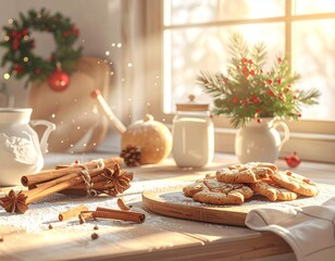 Holiday kitchen scene with fresh baked cookies, cinnamon sticks, and festive decorations, bathed in warm morning light — cozy and homely vibe