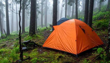 Wet forest scene, an orange tent is in foreground. Fog blankets the trees, with another tent visible. Moss, rocks, a nature experience