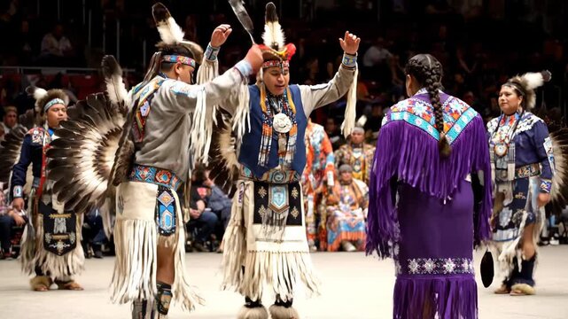Indigenous dancers performing at a powwow, wearing vibrant, intricately beaded traditional regalia and feathers, sharing their rich cultural heritage through ceremonial movement