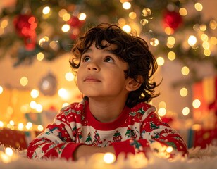 A child in Christmas pajamas looking at a lit tree with wonder, surrounded by soft lights and presents — magical, heartwarming holiday moment