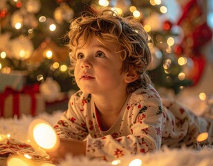 A child in Christmas pajamas looking at a lit tree with wonder, surrounded by soft lights and presents — magical, heartwarming holiday moment