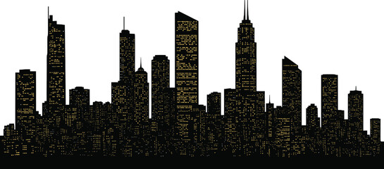 Night city skyline silhouette vector with lit windows, spire-topped skyscrapers, and urban architecture for metropolitan and design themes © Vex flow