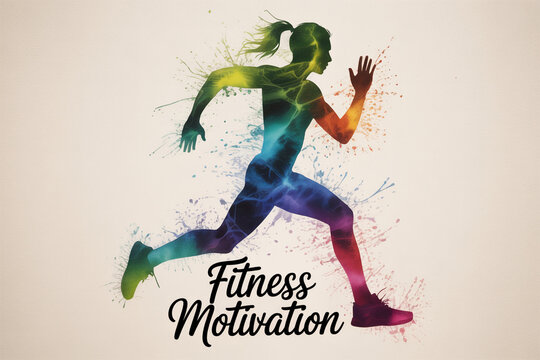 Vibrant watercolor silhouette of a woman running inspires fitness and wellness goals, perfect for motivational posters and athletic branding, dynamic energy and health concepts