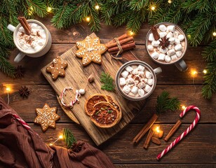 Top-down view of a rustic wooden table with hot chocolate mugs, gingerbread cookies, candy canes, pine branches, and fairy lights — warm holiday flat lay