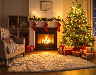 A warm living room decorated for Christmas with a lit fireplace, glowing Christmas tree, soft blankets, and stockings hanging above the mantel — cozy, inviting atmosphere at night