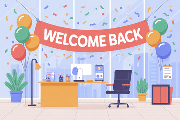 Celebrate the Return to the Office with this Cheerful Scene of Balloons and Confetti, Perfect for Welcoming Employees Back to Work and Boosting Team Morale in a Modern Workspace