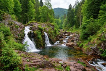 Cascading waterfalls plunge into a tranquil mountain stream, surrounded by lush greenery and rocks.