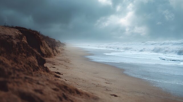 A dramatic scene of a sandy beach with crashing ocean waves under a moody overcast sky showing an eroded dune on the left