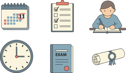 Exam preparation icons set with calendar, checklist, study time, exam book, diploma, student writing, academic success, education tools
