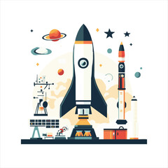 Rocket Launchpad with space exploration elements.  A graphic depiction of a rocket launch, featuring various scientific equipment and celestial bodies © Asvara