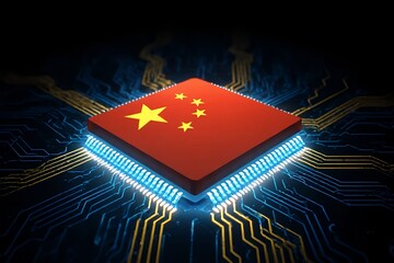 Electronic circuit board. Semiconductor microchip with China flag. Country leadership in global chip manufacturing and advanced technology innovation. precision engineering, digital industry
