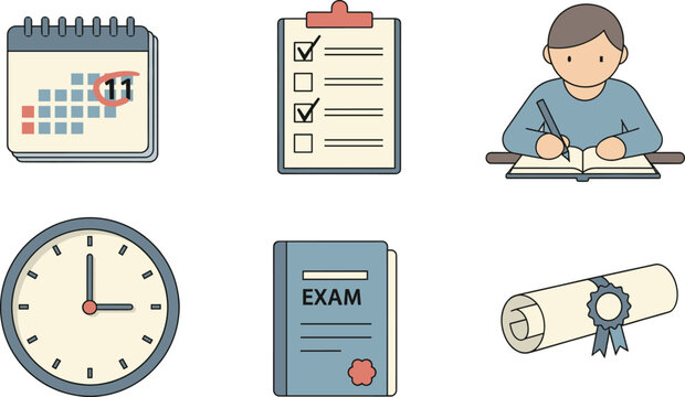 Exam preparation icons set with calendar, checklist, study time, exam book, diploma, student writing, academic success, education tools