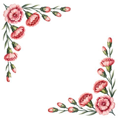Watercolor carnation floral corner arrangement with pink blooming flowers and green leaves