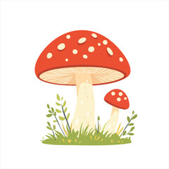Two vibrant red mushrooms with white spots, standing in grass