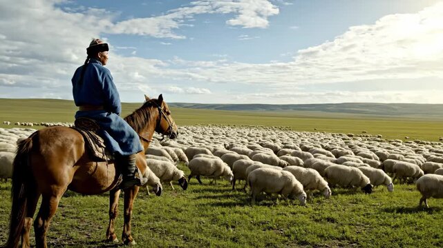 Mongolian shepherd riding a horse while overseeing a large flock of sheep grazing on the vast green steppe under a clear sky, depicting traditional nomadic pastoralism