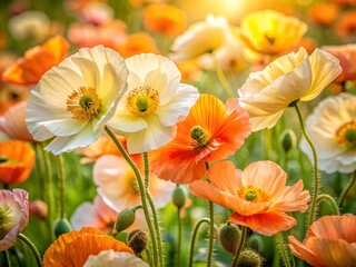 Fototapeta premium Radiant poppy flowers in a sunlit field, with their delicate petals and vibrant colors creating a beautiful display