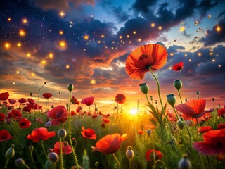 Fototapeta premium Vivid poppy field at sunset with a magical sky full of stars and dramatic clouds landscape