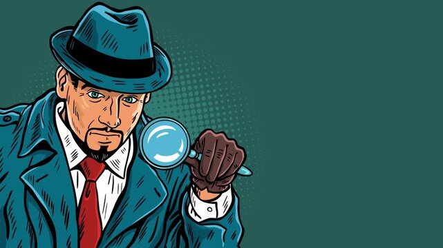 Detective man with magnifying glass animation, retro noir banner