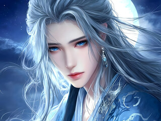 Portrait Of  Young Man With Long Light Blue Hair In Light Blue Outfit Against Night Sky With Moon