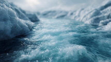 A powerful glacial meltwater stream flows through rugged ice formations under bright daylight