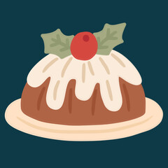 Simple Flat Christmas Pudding with Holly Berry Decoration Illustration