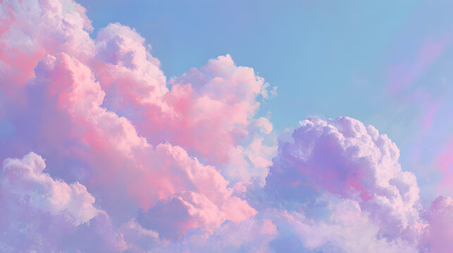 Soft pink and purple clouds drift across a serene blue sky, creating a dreamy and ethereal atmosphere - Powered by Adobe