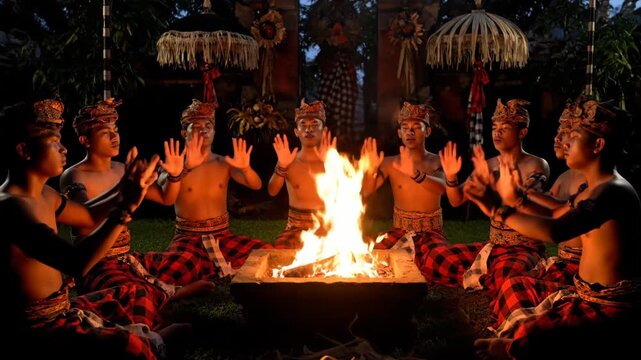 Balinese men performing the sacred kecak fire dance ritual, sitting in a circle around a burning fire with their hands raised, showcasing traditional indonesian culture