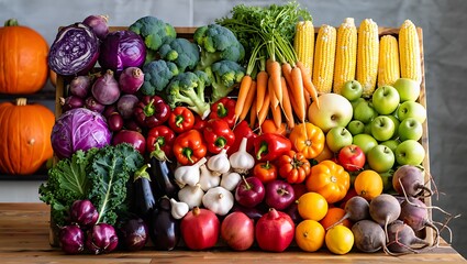 Abundance of Fresh Vegetables and Fruits Displayed in a Wooden Crate