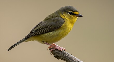 Fototapeta premium Vibrant yellow bird perched on branch against soft background