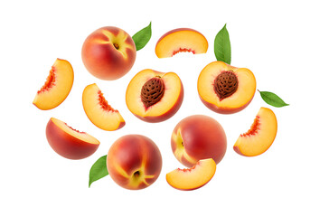 Fresh peaches and slices isolated on transparent background, top view, flat lay
