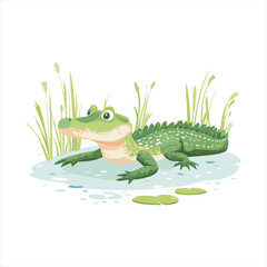 Cute cartoon crocodile resting near water plants