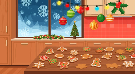 Festive kitchen scene with homemade cookies ready for holiday decorating and winter celebration