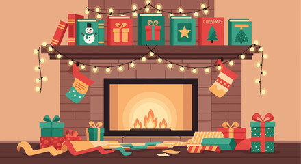 Cozy holiday scene with fireplace and gifts evokes festive cheer and winter celebrations