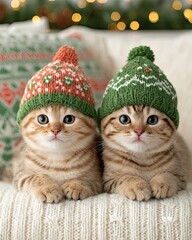Christmas and New Year Ornament for Animal Festive Two adorable kittens wearing colorful knitted hats on a cozy couch. Luxury Christmas